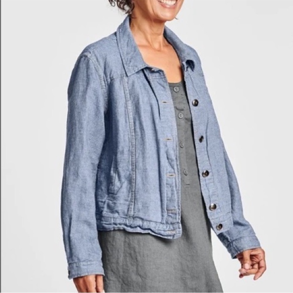FLAX Blue Linen Cotton Button Front Long Sleeve Jacket Blazer M